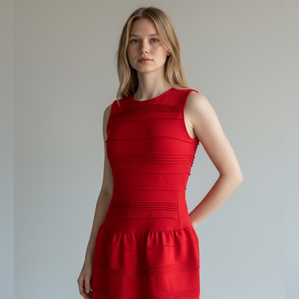 Red Sleeveless Zip-Back Ruffled Waist Dress